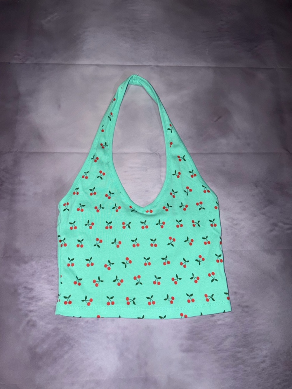 Mint Green Cherry Print Halter Crop Top